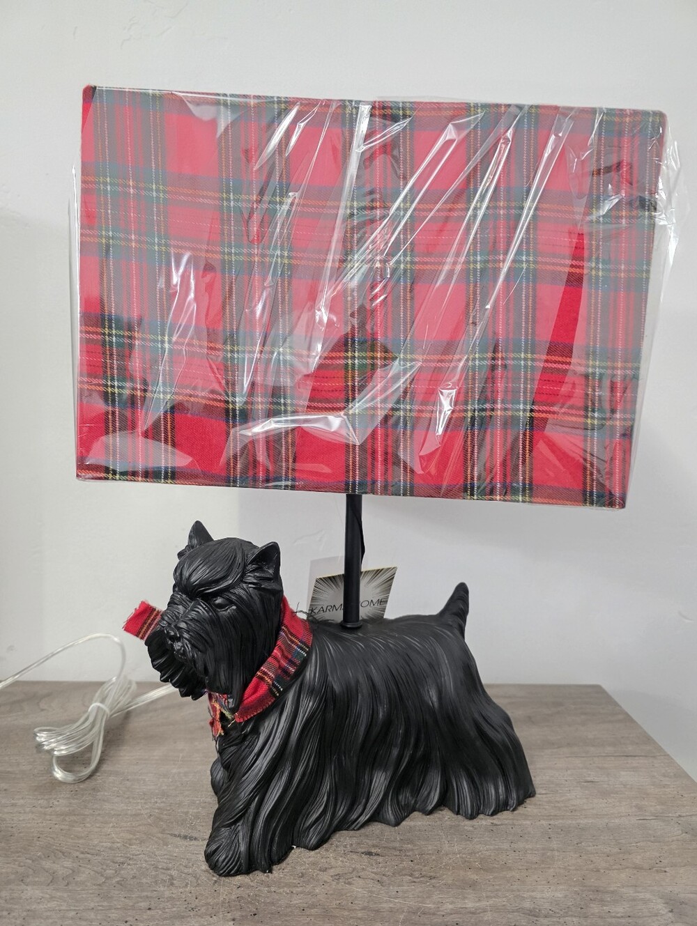 Karma Home Black Scottie Terrior Dog Christmas Lamp with Red Plaid Shade New